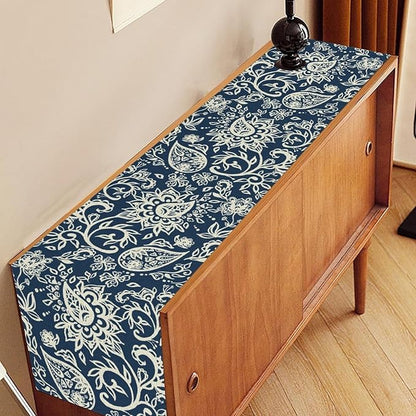 Blue Paisley Table Runner, Vintage Damask Antique Floral Flower Boho Damask Swirled Rustic Coffee Table Center Decor for Family Kitchen and Living Room Outdoor Table Decorations, 13"x108"