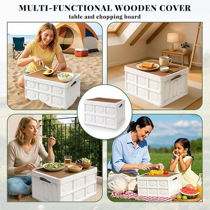 Collapsible Picnic Basket Set for 2 – Insulated Plastic Picnic Basket with Waterproof Bag & Wooden Lid, Large Capacity Stackable Storage Bin for Outdoor, Camping, Picnics, Home Organizing