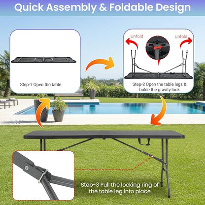FDW 6FT Folding Table, Portable Fold-in-Half Plastic Picnic Party Table with Carrying Handle （Black, 6FT）