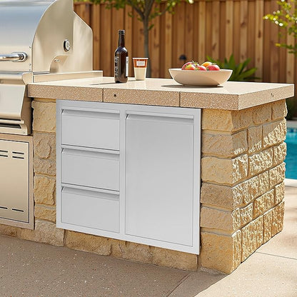 Jocisland Outdoor Kitchen Drawers 28" W×23" D×23" H Stainless Steel Drawers for Outdoor Kitchens, Single Door Trash Drawer & 3-Drawer Cabinet, Built-in BBQ Island Storage