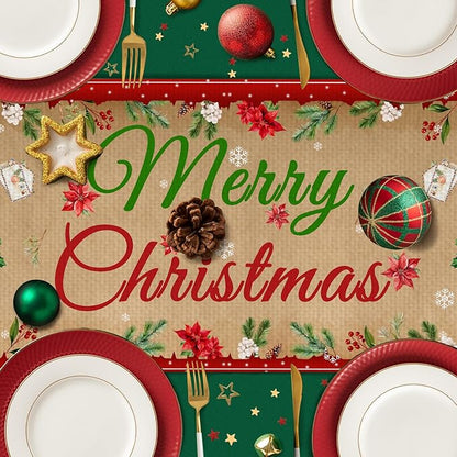 Merry Christmas Burlap Table Runner Seasonal Spring Fall Kitchen Dining Linen Table Decoration for Indoor Outdoor Home Party Dinner 13x72 Inch
