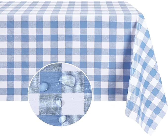 Romanstile Square Vinyl Tablecloth, 100% Waterproof Buffalo Gingham Plastic Table Cloth, Heavy Duty Wipeable Checkered Table Covers for Outdoor, Camping, Picnic, Patio - 60 x 60, Light Blue