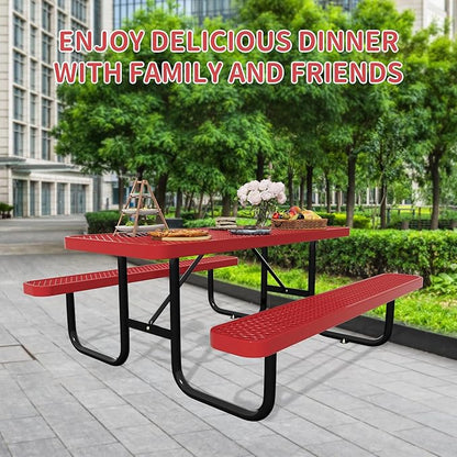 6FT Picnic Tables for Outdoors, Rectangular Commercial Metal Picnic Table Bench Set with Umbrella Hole,Heavy Duty Steel Weather-Resistant Dining Table for Patio Dining Garden Backyard BBQ School