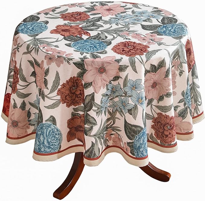 Designer French Linen Tablecloth for Round Table,Red and Blue Floral Rustic Durable Tablecloths,Decor Table Cover for Kitchen,Dining,Thanksgiving,Farmhouse,Diameter 67"-Burgundyred