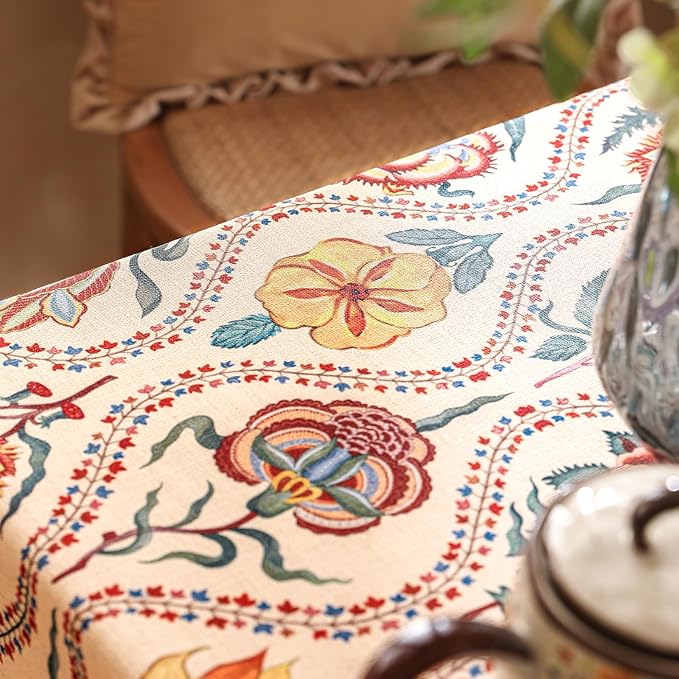 Vintage French Rectangular Tablecloth,Linen Extra Long Tablecloth with Rose and Cornflower Pattern,Decor Table Cover for Kitchen,Dining,Thanksgiving,Tea Party,67" × 118"-Lanae