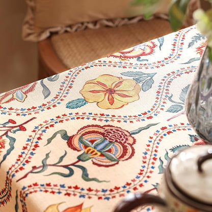 Vintage French Long Rectangular Tablecloth,Linen Tablecloth with Rose and Cornflower Pattern,Decorative Table Cover for Kitchen,Dining,Thanksgiving,Tea Party,63" × 94"-Lanae