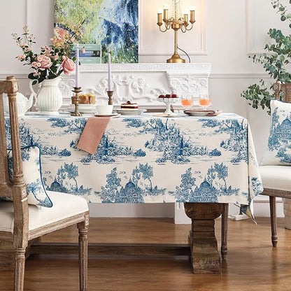 patdrea Designer Vintage Cyan Long Tablecloth for Rectangle Table,Linen Ancient Castle and Manor Pattern Tablecloths,Table Cover Decor for Kitchen Dining Christmas,Thanksgiving,63"x102"-Lucerne a