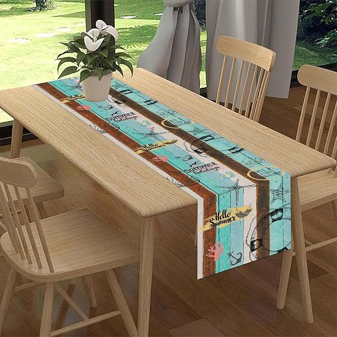 Retro Summer Table Runner, Coastal Starfish Beach Seashell Ocean Nautical Wooden Plank Seasonal Coffee Table Center Decor for Home Kitchen Dining Patio Holiday Party Table Decorations 13"x108"