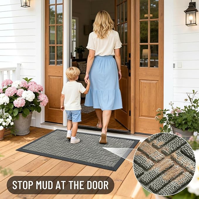 OLANLY Front Door Mat Outside Entrance 47x17, Absorbent, Heavy Duty Sturdy Natural Rubber Doormat Indoor Outdoor, Non-Slip, Stain and Fade Resistant, Low Profile Floor Mat for Entryway, Modern Gray