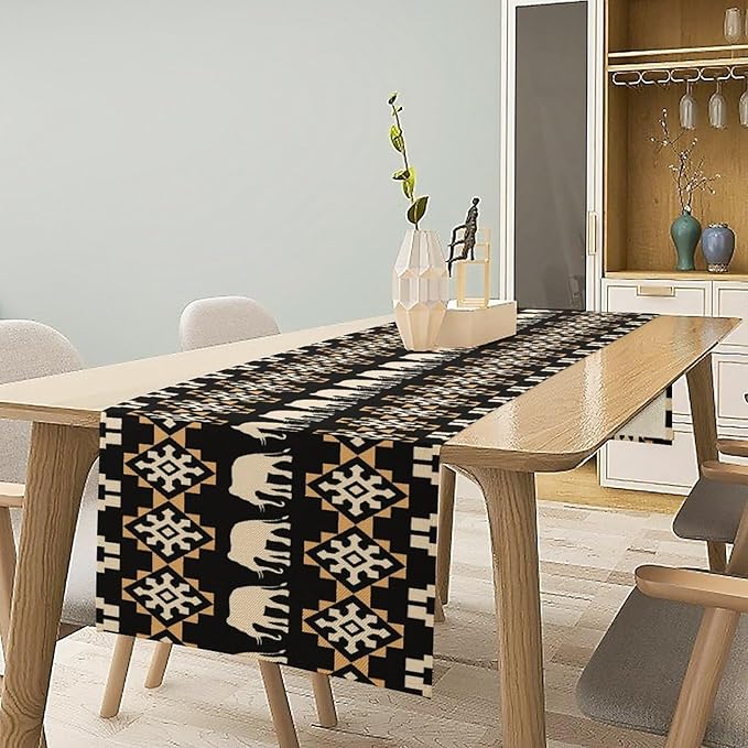 African Table Runner, African Art Elephants Geometric Tribal Ethnic Table Runner for Dining Kitchen Farmhouse Party Coffee Home 13x70in
