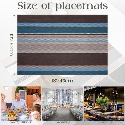 Set of 6 Colorful Striped Vinyl Placemats Heat-Resistant Washable Placemats Non-Slip Woven Table Mats Wipeable Placemat for Kitchen Dining Table Decoration Indoor Outdoor (Blue&Brown)