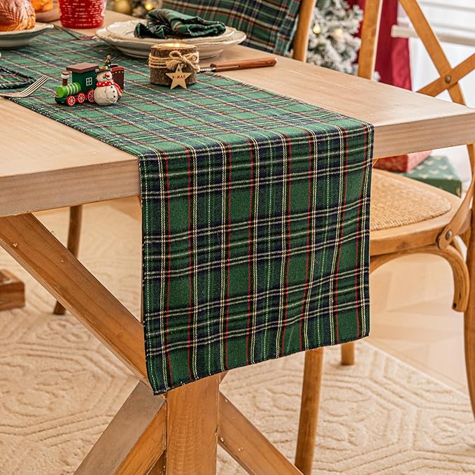 Green Blue Plaid Christmas Table Runner, Winter Holiday Table Runners 90 inches Long, Xmas Decorations Indoor Outdoor Farmhouse Home Kitchen Dining Party Decor