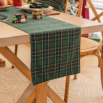 Green Blue Plaid Christmas Table Runner, Winter Holiday Table Runners 90 inches Long, Xmas Decorations Indoor Outdoor Farmhouse Home Kitchen Dining Party Decor