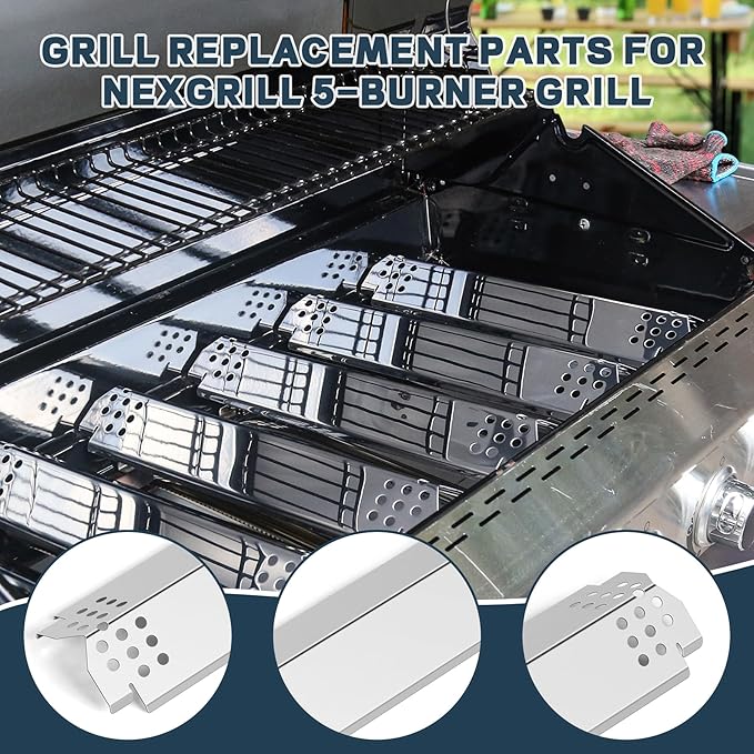 Grill Parts for Nexgrill replacement parts 5 Burner 720-0888 720-0888N 720-0888A,Stainless Cooking Grate,Heat Shield,Burner Kit for Nexgrill replacement parts 4 Burner 720-0830 720-0830H Grill Grates