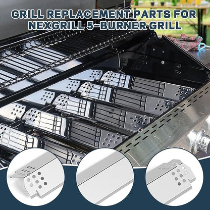 Grill Parts for Nexgrill replacement parts 5 Burner 720-0888 720-0888N 720-0888A,Stainless Cooking Grate,Heat Shield,Burner Kit for Nexgrill replacement parts 4 Burner 720-0830 720-0830H Grill Grates