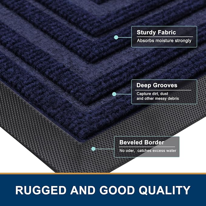 Buganda Front Door Mat Indoor Outdoor Entrance, Non-Slip Natural Rubber Doormats, Easy Clean, Low Profile, Dirt Trapper Entryway Floor Mats for Outside, Garages and Patios, 29.5x17, Navy