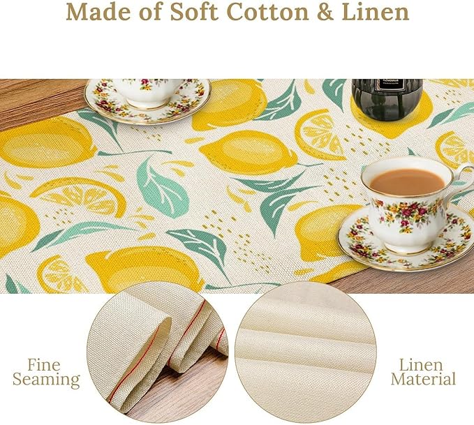 Spring Yellow Lemon Table Runner, Hello Summer Seasonal Exotic Fresh Fruits Plants Branch Leaves Print Table Cover for Farmhouse Kitchen Table Party Decor, 13x120inch