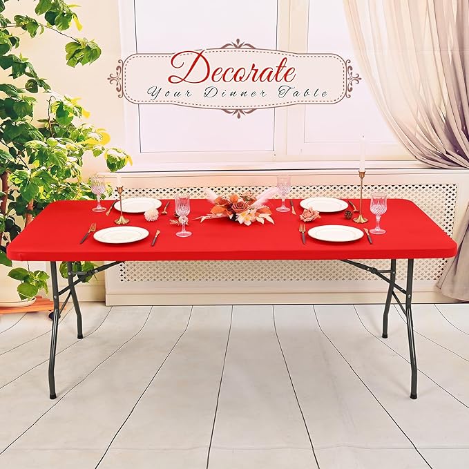 6 Pack Stretch Fabric Table Top Cap Cover, Red Table Covers fits 8Ft Tables, Washable Elastic Universal Rectangle Tablecloth Protector for Indoor Outdoor Party Picnic Wedding (30" W x 96" L)