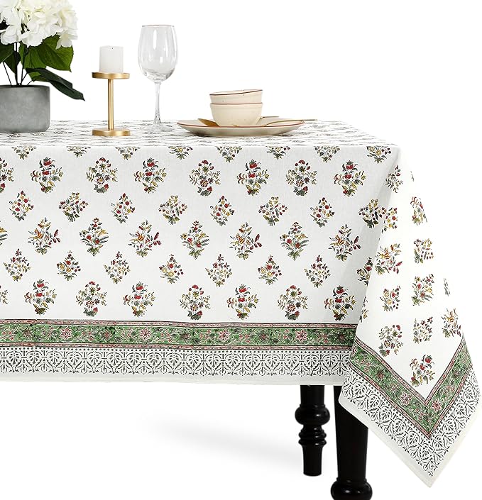 CPC Tablecloth 100% Cotton 70x118 Inch Indian Block Print Rectangle Table Cover, Table Cloth for Weddings, Spring/Summer, Barbeque -Forest Green