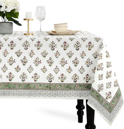 CPC Tablecloth 100% Cotton 60x90 Inch Indian Block Print Rectangle Table Cover, Washable Table Cloth for Weddings, Spring/Summer, Barbeque - Forest Green