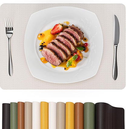 Faux Leather Placemats Set of 4 – 17x12 Inch Vinyl Table Mats, Heat Resistant, Non Slip, Wipeable & Washable, Easy to Clean Dining Table Decor for Kitchen & Dining Room（Ivory White）