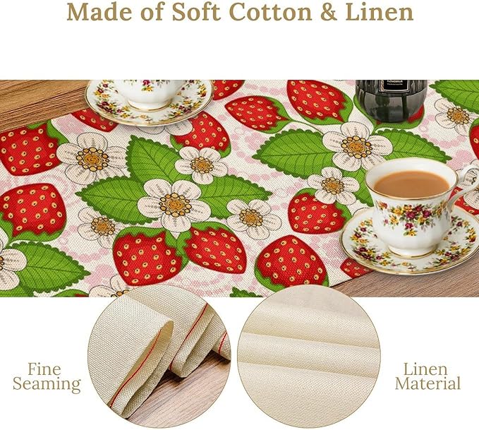 Spring Strawberry Table Runner, Floral Strawberries Flowers Leaf Season Inspirational Design Table Runner for Kitchen Dining Party Holiday Home 13x108in