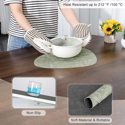 Placemats and Coasters, Washable Reversible Placemats Round Faux Leather Wipeable Place Mats Non Slip Heat Resistant Indoor Outdoor Table Mats (Set of 4, Gray Green)