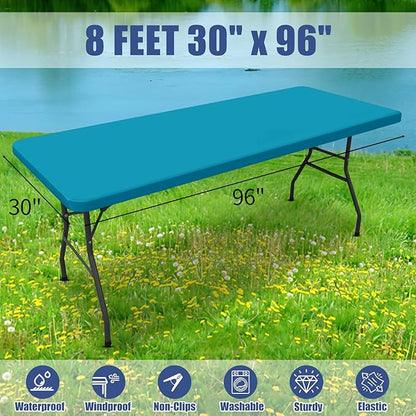 Spandex 8 Foot Rectangle Table Cloth 6 Pack, Elastic Fitted Tablecloths for Picnic, Stretch Washable Patio Table Cover for Outdoor, Camping, Banquet and Parties (Teal, 30"x96")