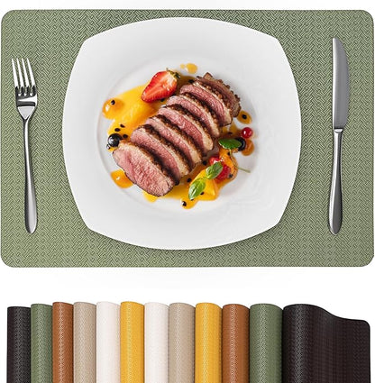 Faux Leather Placemats Set of 4 – 17x12 Inch Vinyl Table Mats, Heat Resistant, Non Slip, Wipeable & Washable, Easy to Clean Dining Table Decor for Kitchen & Dining Room（Olive Green）