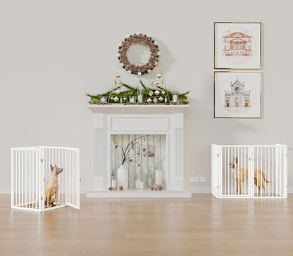 Vantas Folding No-Assembly Metal Pet Gate 80" Wide, 24" Extra Tall Dog Gate with Door Walk Through, Freestanding Accordion Puppy Gate Dog Door for Indoor & Outdoor, with 2PCS Support - White
