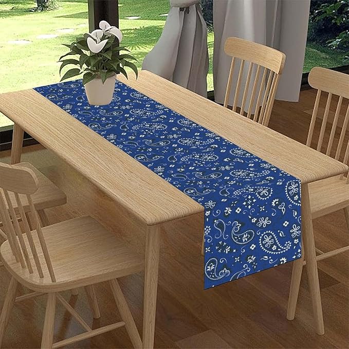Blue Paisley Table Runner, Vintage Damask Antique Floral Flower Boho Damask Swirled Rustic Coffee Table Center Decor for Family Kitchen and Living Room Outdoor Table Decorations, 13"x108"