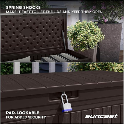 Suncast 80-Gal. Waterproof Resin Large Outdoor Patio Deck Box with Pad-Lockable Lid, Modern Outdoor Patio Bench/Storage Box for Cushions, Garden Tools, and More, Java