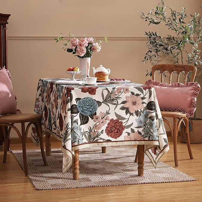 Designer French Linen Tablecloth for Rectangle Table,Red and Blue Floral Rustic Durable Tablecloths,Decor Table Cover for Kitchen,Dining,Thanksgiving,Home,63" × 87"-Burgundyred