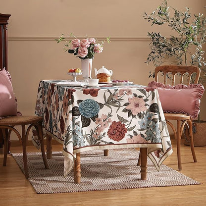 Designer French Linen Tablecloth for Rectangle Table,Red and Blue Floral Rustic Durable Tablecloths,Decor Table Cover for Kitchen,Dining,Thanksgiving,Home,55" × 87"-Burgundyred