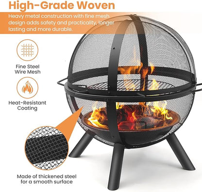 Ikuby Ball of Fire Pit fire Ball with BBQ Grill fire Globe Pit Large Round fire Pit,Patio Fire Pit Fireplace for Camping, Heating, Bonfire and Picnic, Black, 33.85*32.67*35in, (BLKFP-001)