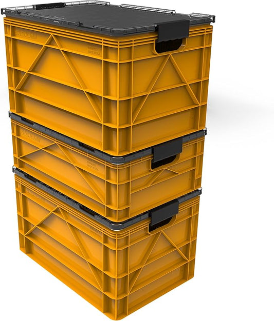 SIDIO CRATE Starter Pack - Two Full Size and One Half Size Heavy Duty Stackable Storage Bins, Totes with Lids and Dividers - Durable Organizer for Home, Office, Garage, and Outdoor Use - Sol