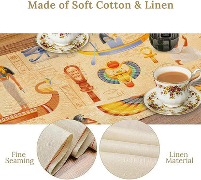 Egypt Table Runner, Ancient Egyptian Mythology Gods Hieroglyphic Elements Retro Farmhouse Table Runner for Home Kitchen Dining Party Indoor Outdoor 13x60in