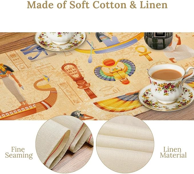 Egypt Table Runner, Ancient Egyptian Mythology Gods Hieroglyphic Elements Retro Farmhouse Table Runner for Home Kitchen Dining Party Indoor Outdoor 13x90in