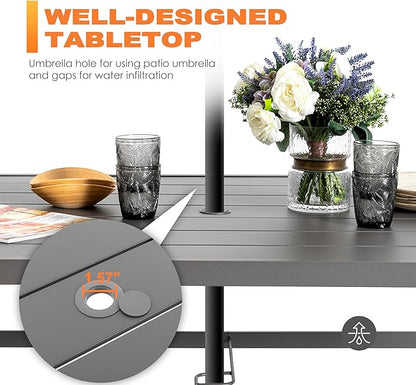NUU GARDEN Outdoor 61" x 37" Rectangle Dining Table with 1.57" Umbrella Hole, 6-Person Steel Slat Outdoor Patio Table, for Patio, Garden, Backyard and Balcony, Gray