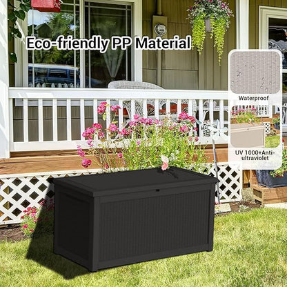 DRATO 320 Gallon Deck Box, Outdoor Large Waterproof Resin Storage Box with Lockable Lid for Patio Cushions, Gardening Tools （Black，320 Gallon）