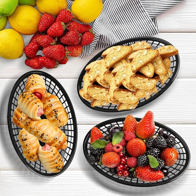 90 Pcs 9 x 5.7 Inch Reusable Oval Fast Food Baskets, Sturdy Plastic Serving Baskets for Fast Food, Parties, Picnics, BBQs and Snacks, by KUKLIPJIM.(Black)