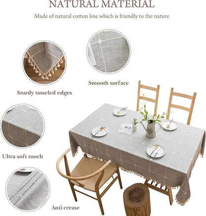 Pahajim Rustic Linen Tablecloth Cotton Rectangle Table Cloth for Kitchen Dining with Tassel Plaid Waterproof Tablecloths Rectangle/Oblong,55''x71'',4-6 Seats