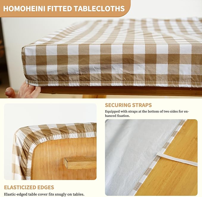 Rectangle Picnic Table Cloth, Elastic Waterproof Fitted Vinyl Tablecloths for 8 Foot Tables, Wipeable Flannel Backed Table Covers for Dining, Camping, Outdoor(Khaki Plaid,36"x96")