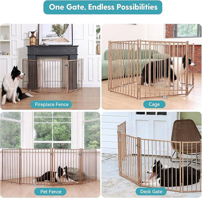 No Pawblems Free Standing Dog Gate with Door, 30'' Tall Foldable Dog Fence for Indoor & Outdoor, Up to 156" Extra Wide Puppy Gate for Stairs, Hallways, Doorways, Deck, Yard (Wood Pattern, 6 Panels)
