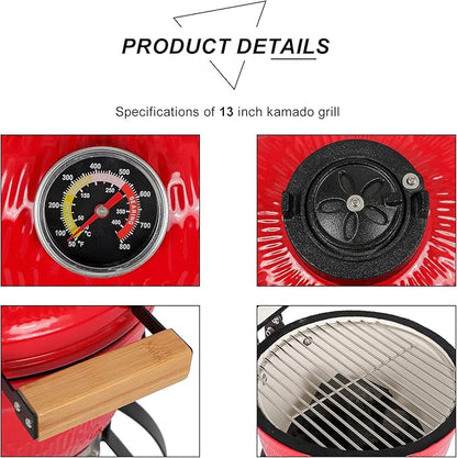 VINGLI 13" Kamado Grill Charcoal Grills Portable Barbecue Grill BBQ Kettle Stand Lid Perfect for Outdoor Camping Patio Backyard Picnic