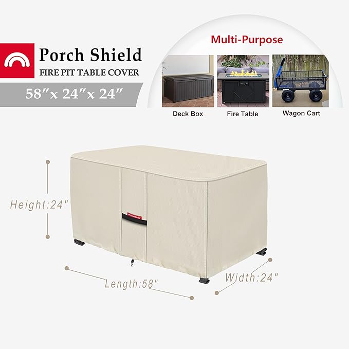 Porch Shield Patio Fire Pit Cover - Waterproof 600D Outdoor Rectangular Fire Table Cover Deck Box Protector - 58 x 24 inch, Beige