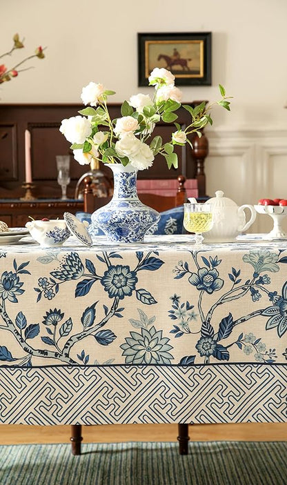 Vintage Blue and White Small Rectangle Tablecloth,French Linen Floral Wrinkle Free Tablecloths,Decorative Table Cover for Kitchen,Dining,Party,Thanksgiving,Christmas,55"*71"-Suqing