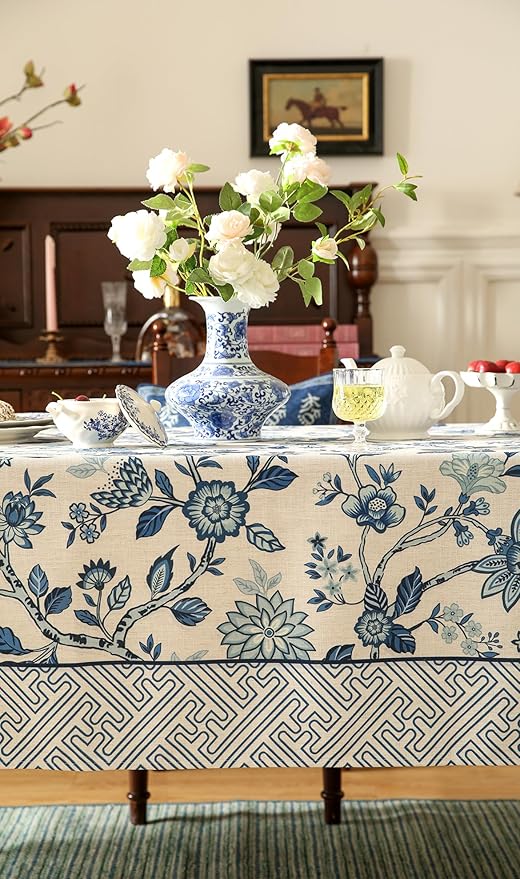 Vintage Blue and White Long Rectangle Tablecloth,French Linen Floral Wrinkle Free Tablecloths,Decorative Table Cover for Kitchen,Dining,Party,Thanksgiving,Christmas,63"*94"-Suqing