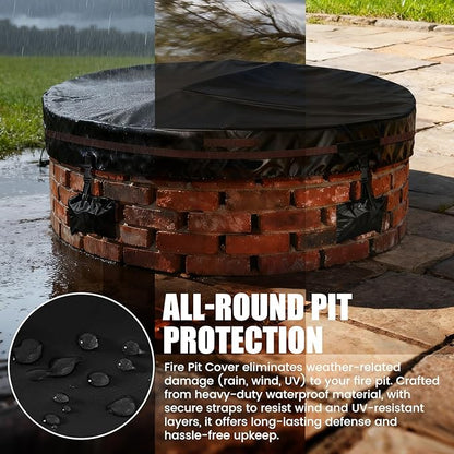 Outdoor Round Fire Pit Cover 57x9.5" Waterproof Tear-Resistant 600D Oxford PU Coated for 52–56" Built-In or In-Ground Stone Fire Pits, Heavy Duty All-Season Protection for Outdoor Fireplaces