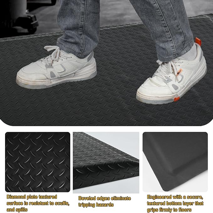 Nisorpa Anti Fatigue Mats Industrial 3' x 5' Ergonomic Standing Mat 15/16" Extra Thick Kitchen Rugs for Standing Heavy Duty Commercial Diamond Plate - Safety Support for Leg & Back Pain, Black